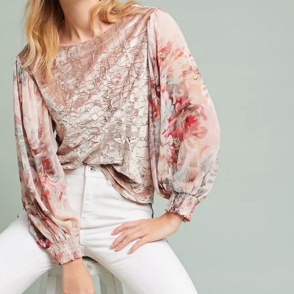 Anthropologie Tops - Anthropologie Velvet Floral Sleeve Blouse by Meadow Rue Sz S EUC